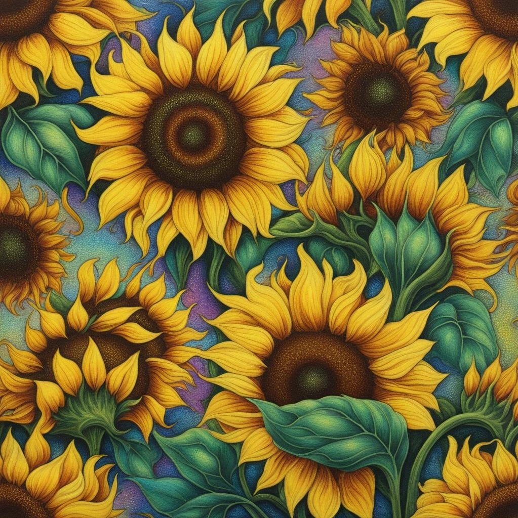 [Painting, Art Nouveau] sunflowers holographic smooth velvet soft crayon pastel peaceful; [Painting, Art Nouveau] sunflowers holographic smooth velvet soft crayon pastel peaceful