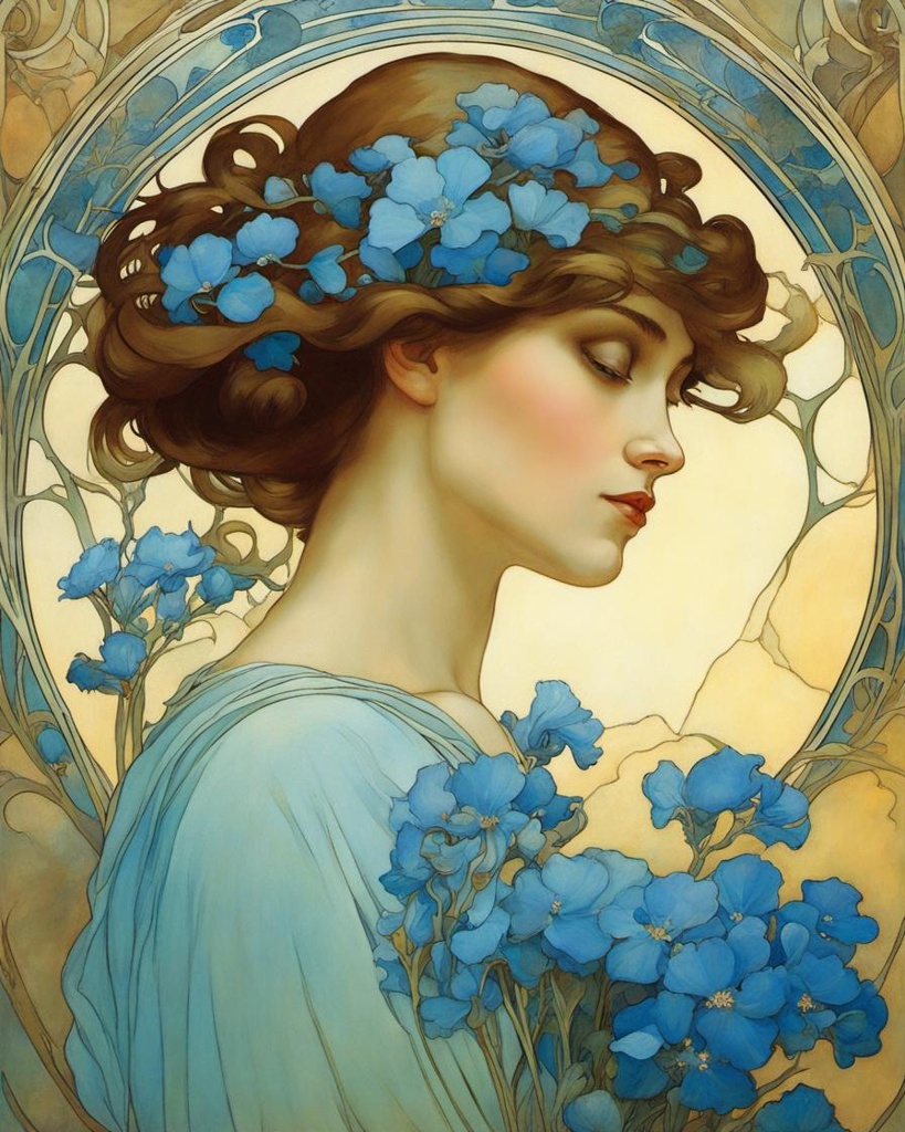 [Painting, Art Nouveau] Beautiful woman, hands hidden by blue flowers, art nouveau, style of Alphonse Mucha, Echo Chernik,; [Style of vintage illustration] The universe as a beautiful woman, hands hidden by flowers, art nouveau, style of Alphonse Mucha, Echo Chernik, 