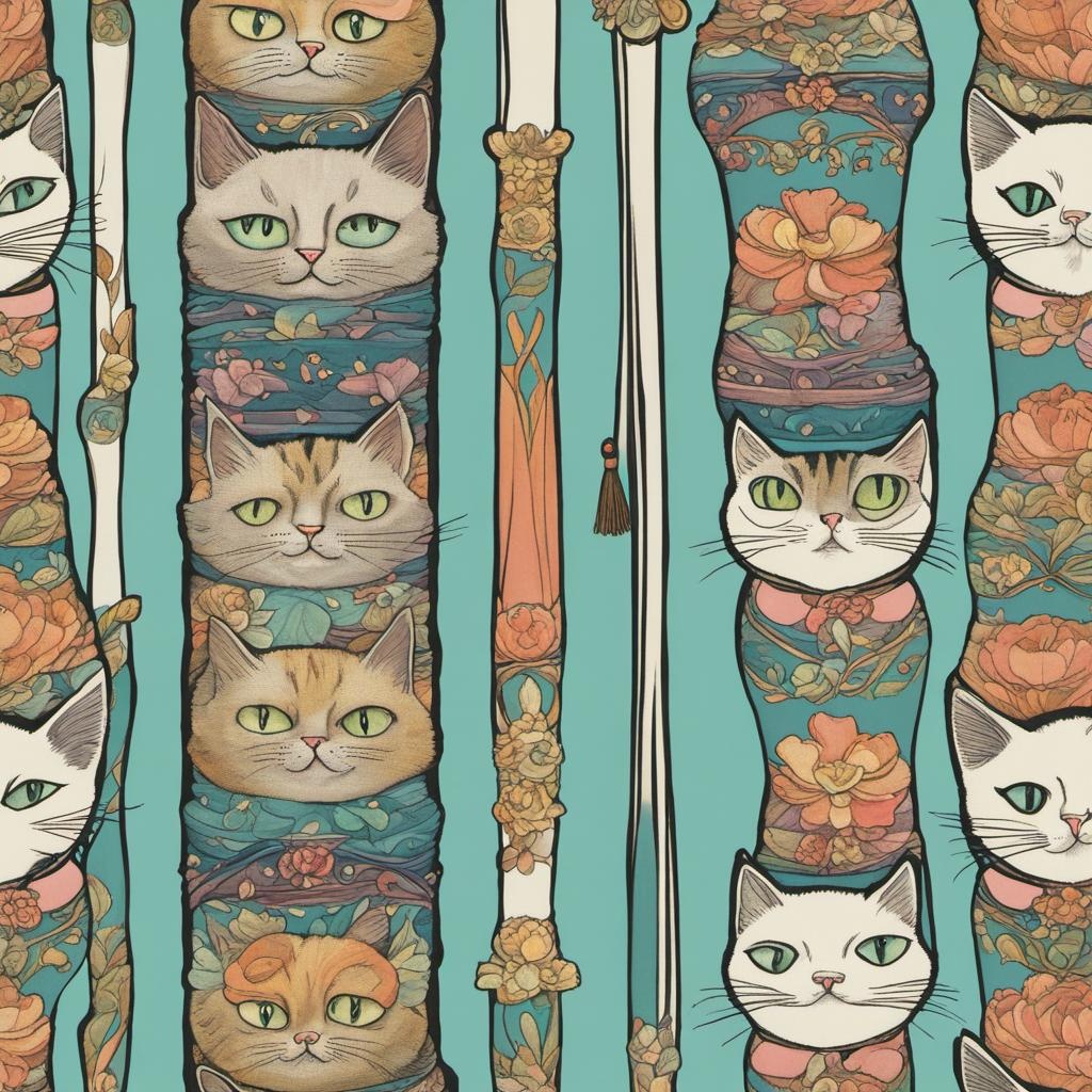 [Style of vintage illustration] socks on whimsical fun stick cats, pastels; [vibrant liquid plasma] socks on whimsical fun stick cats, pastels; [Painting, Art Nouveau] socks on whimsical fun stick cats, pastels