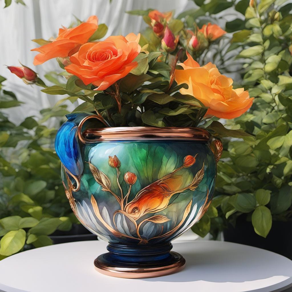 [Watercolor painting style, masterpiece] antique plant pot with real plant, phoenician blown glass, museum quality, vivid deep colours, crystal glass, tastefully decoration of transparent autumn leaves, rose gold, green, gold, blue, silver, Australian native flowers and beautiful crystal Art Nouveau cat elegantly decorates the pot, artisan, intricate elegant,