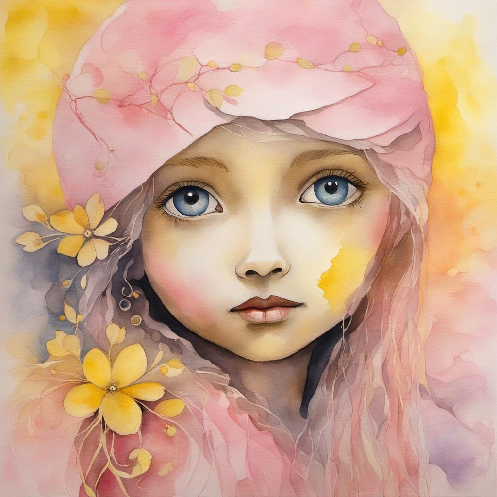 [Watercolor painting style, masterpiece] :very young and lovely fairy, mixed media,soft colors, pink, yellow, taels, by johanna hurmerinta, Chris Ofili