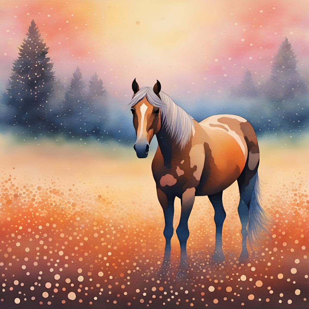 [Watercolor painting style, masterpiece] lonely horse in meadow, gradient painting, pointillist stippling, dot pointillism, serene, rounded, stencil-like imagery, magical, abstract, surreal, mocha and peach colors