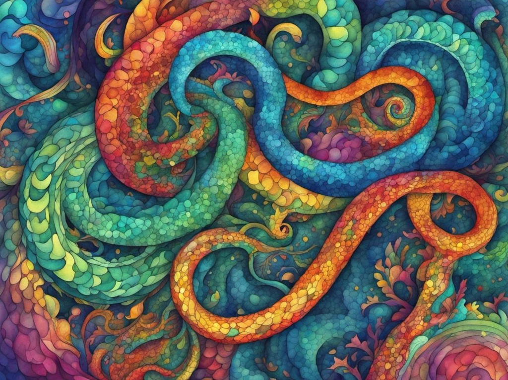 [Watercolor painting style, masterpiece] Psychedelic Serpents abstract vector fractal,  Zentangle, complementary colors