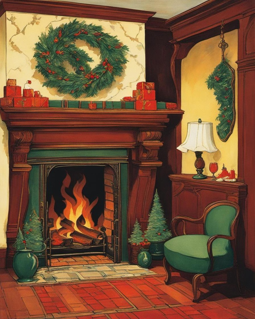 [Painting, Art Nouveau] crackling fireplace and stockings hung by the chimney with care. The room should exude warmth and nostalgia, inviting all who enter to embrace the holiday spirit.