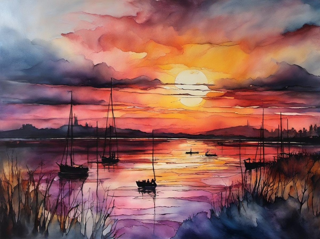 [Watercolor painting style, masterpiece] Alcohol ink, hot wax on canvas, fine art, awesome, spectacular sunset, of the River Schelde Estuary in Breskens, misty, winter sunset color palette; [Oil painting style, impasto, masterpiece] Alcohol ink, hot wax on canvas, fine art, awesome, spectacular sunset, of the River Schelde Estuary in Breskens, misty, winter sunset color palette; [Painting, Art Nouveau] Alcohol ink, hot wax on canvas, fine art, awesome, spectacular sunset, of the River Schelde Estuary in Breskens, misty, winter sunset color palette