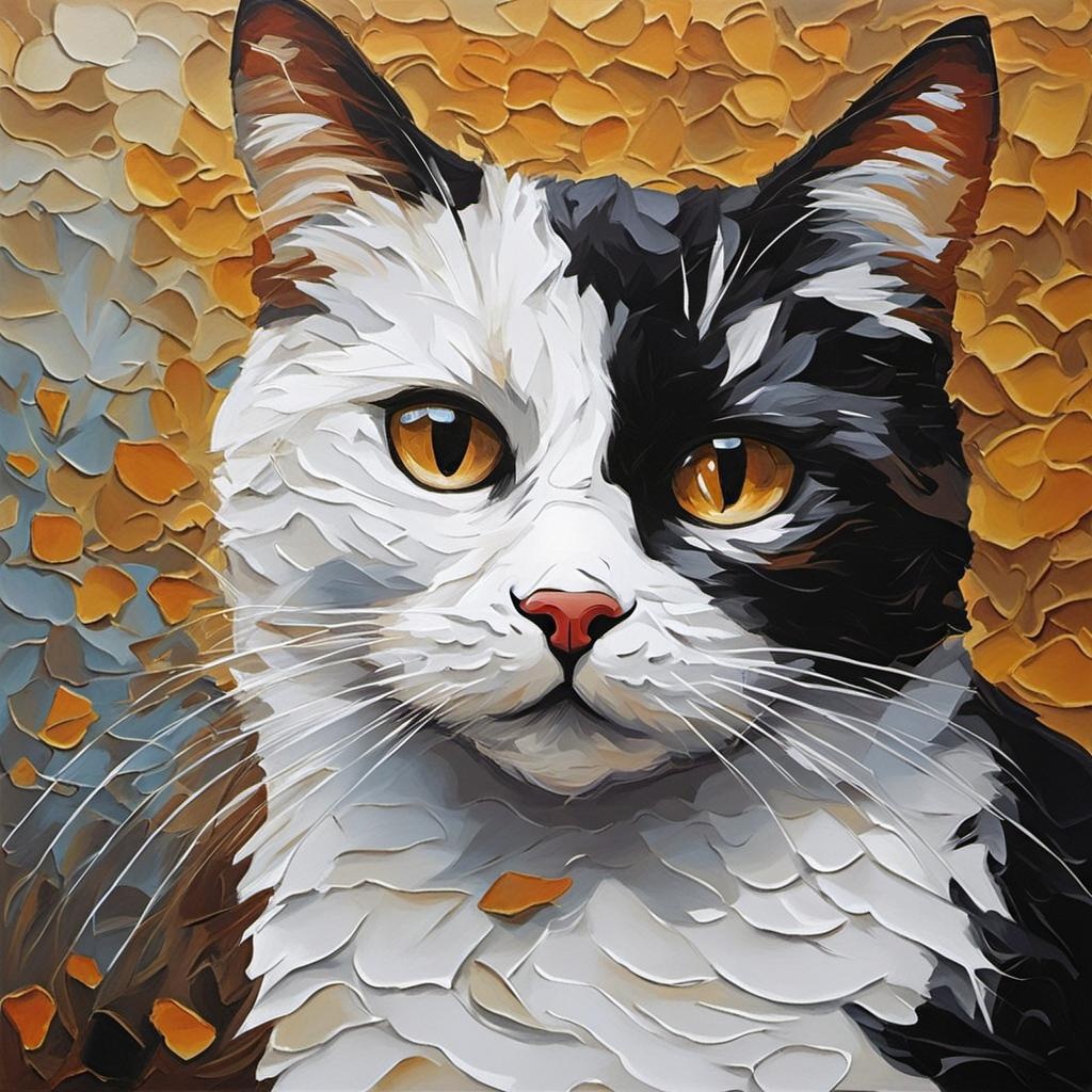 [Oil painting style, impasto, masterpiece] white, cat with brown and black patches