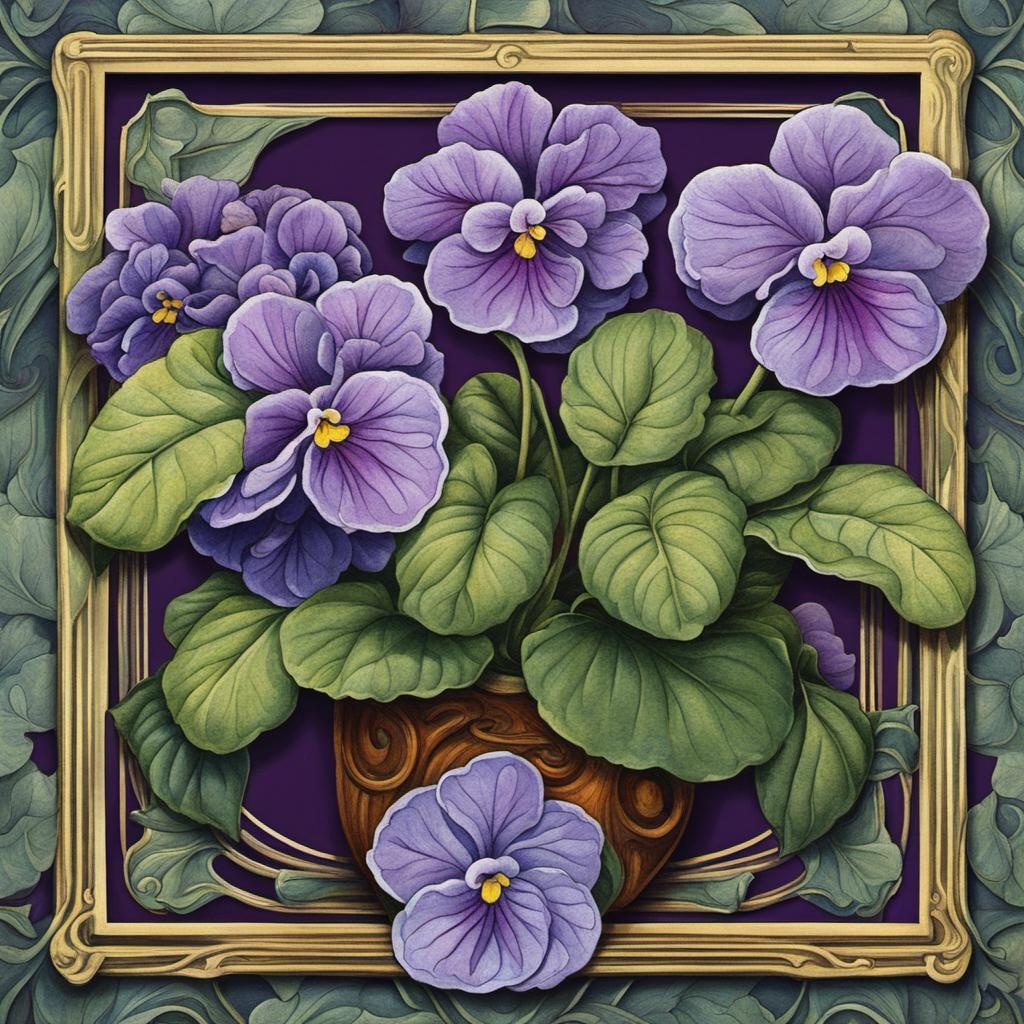 [Watercolor painting style, masterpiece] vintage frame of African violets; [Style of vector art, clip graphics] vintage frame of African violets; [Style of vintage illustration] vintage frame of African violets; [vibrant liquid plasma] vintage frame of African violets; [Painting, surrealism] vintage frame of African violets; [Painting, Art Nouveau] vintage frame of African violets