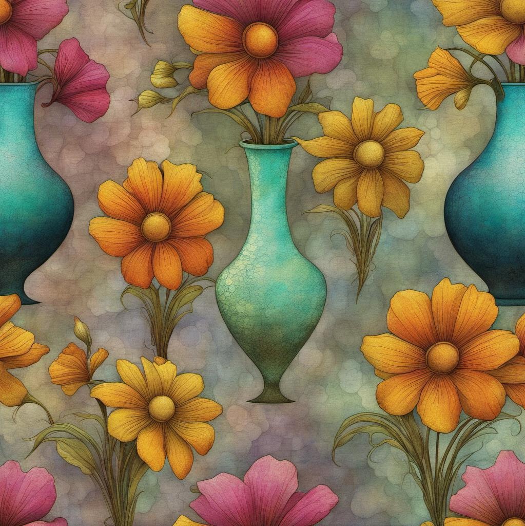 [vibrant liquid plasma] Art Nouveau Style vintage flower Vases,; [vibrant liquid plasma] Art Nouveau Style vintage flower Vases, flowers in a garden, grunge, pastels, stippled texture, blistered, plastered