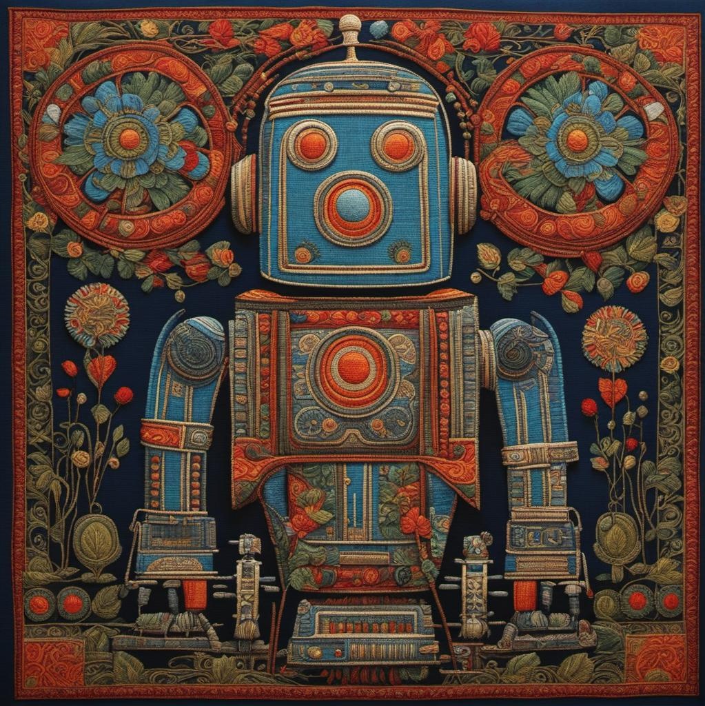 [Oil painting style, impasto, masterpiece] Futuristic Slavic Folk Art: Robots in Traditional Embroidery; [Style of vector art, clip graphics] Futuristic Slavic Folk Art, Robots in Traditional Embroidery; [vibrant liquid plasma] Futuristic Slavic Folk Art, Robots in Traditional Embroidery; [Painting, Art Nouveau] Futuristic Slavic Folk Art, Robots in Traditional Embroidery