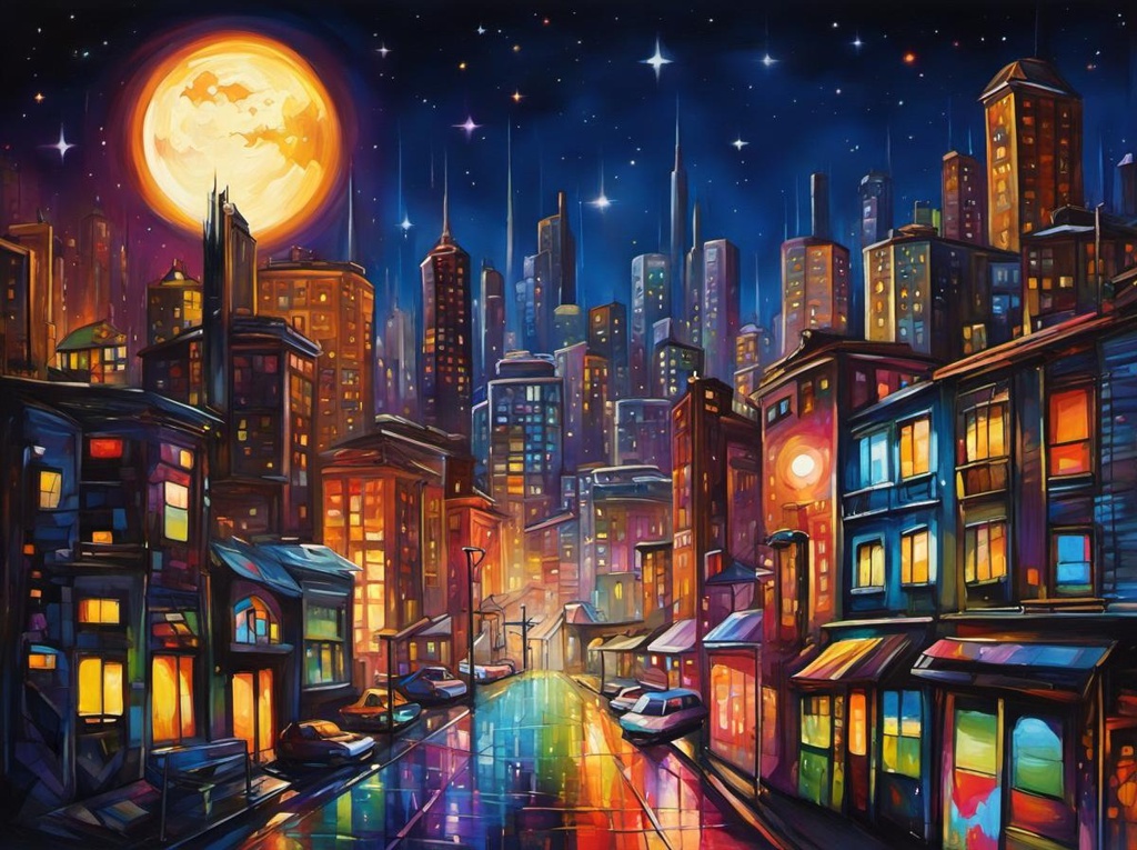 [Style of vintage illustration] Cityscape at night, buildings with lights, starry night sky, full moon, graffiti art, splash art, street art, spray paint, oil gouache melting, acrylic, high contrast, colorful polychromatic, ultra detailed, ultra quality, CGSociety; [Watercolor painting style, masterpiece] Cityscape at night, buildings with lights, starry night sky, full moon, graffiti art, splash art, street art, spray paint, oil gouache melting, acrylic, high contrast, colorful polychromatic, ultra detailed, ultra quality, CGSociety; [Style of 3d illustration] Cityscape at night, buildings with lights, starry night sky, full moon, graffiti art, splash art, street art, spray paint, oil gouache melting, acrylic, high contrast, colorful polychromatic, ultra detailed, ultra quality, CGSociety; [Style of (sketch drawing:1.5), character sketch] Cityscape at night, buildings with lights, starry night sky, full moon, graffiti art, splash art, street art, spray paint, oil gouache melting, acrylic, high contrast, colorful polychromatic, ultra detailed, ultra quality, CGSociety; [Style of paper filigree painting] Cityscape at night, buildings with lights, starry night sky, full moon, graffiti art, splash art, street art, spray paint, oil gouache melting, acrylic, high contrast, colorful polychromatic, ultra detailed, ultra quality, CGSociety; [Painting, Art Nouveau] Cityscape at night, buildings with lights, starry night sky, full moon, graffiti art, splash art, street art, spray paint, oil gouache melting, acrylic, high contrast, colorful polychromatic, ultra detailed, ultra quality, CGSociety