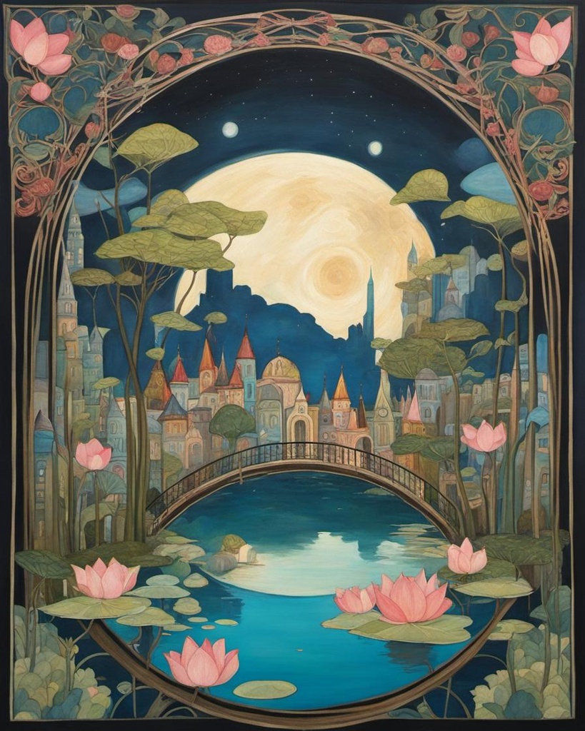 [Painting, Art Nouveau] City on the moon, Whimsical Fairy Wonderland , with trees and pond with lotus flower