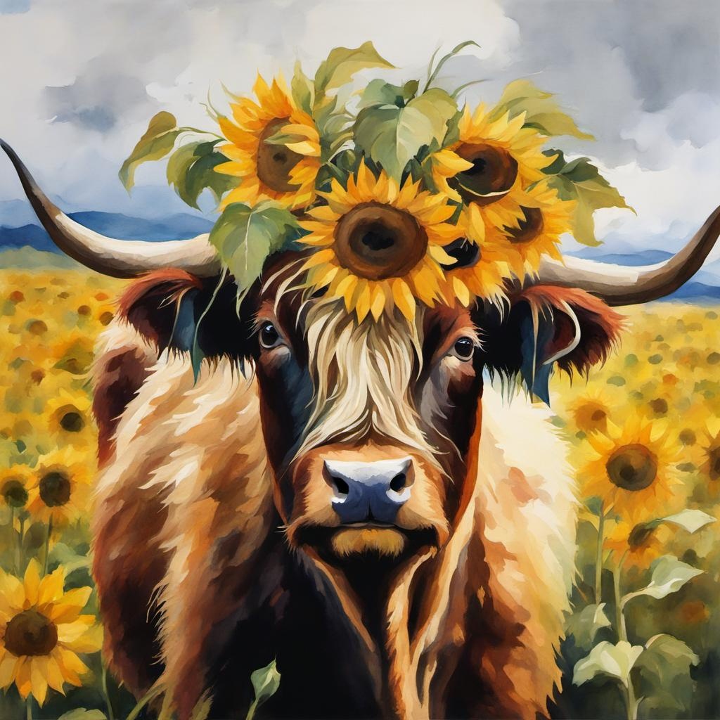 [Watercolor painting style, masterpiece] Highland heifer with sunflowers bough on head