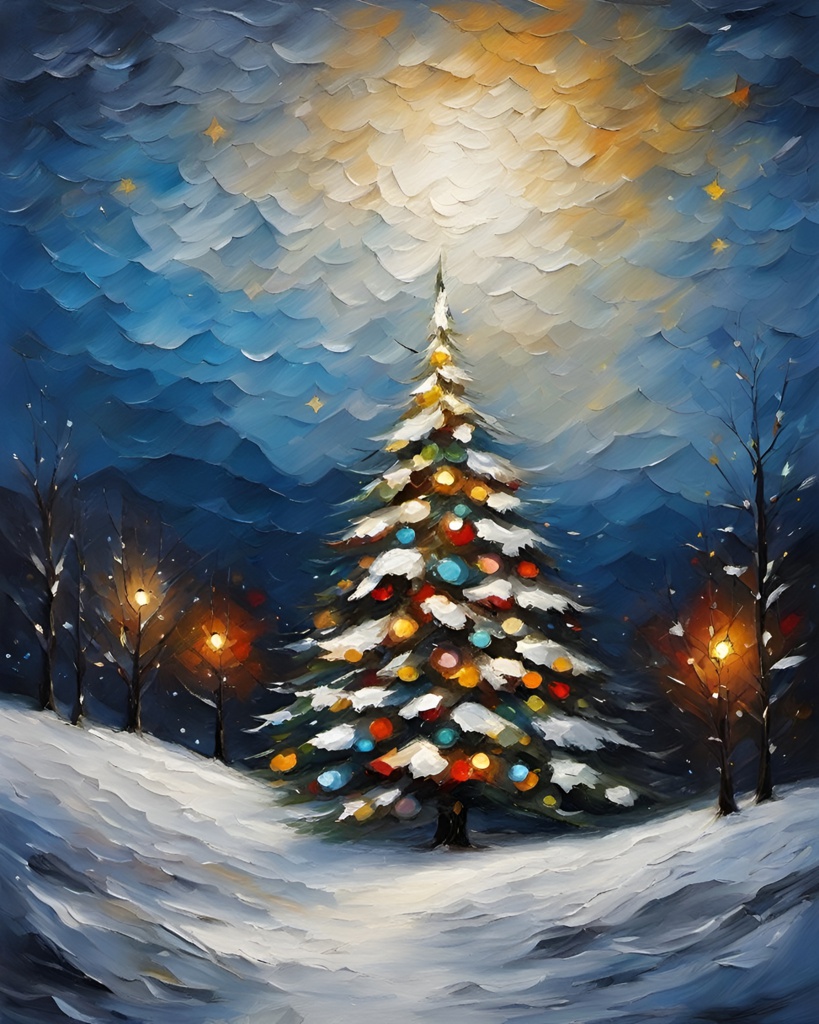 Christmas tree, decorations, lights, snowy ground, night sky, stars; [Watercolor painting style, masterpiece] Christmas tree, decorations, lights, snowy ground, night sky, stars; [Style of vintage illustration] Christmas tree, decorations, lights, snowy ground, night sky, stars; [Painting, Art Nouveau] Christmas tree, decorations, lights, snowy ground, night sky, stars; [Oil painting style, impasto, masterpiece] Christmas tree, decorations, lights, snowy ground, night sky, stars; [Oil painting style, impasto, masterpiece] Christmas tree, decorations, lights, snowy ground, night sky, stars