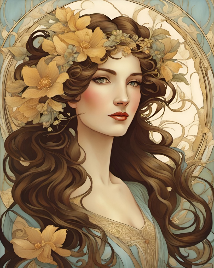 [Painting, Art Nouveau] enchanting portrait of a woman in the style of vintage Art Nouveau, flowing hair, adorned with delicate flowers, elegant features and captivating gaze, wearing a flowing gown with intricate, nature-inspired designs, and a touch of gold accents adds a sense of luxury to the piece, Art Nouveau style