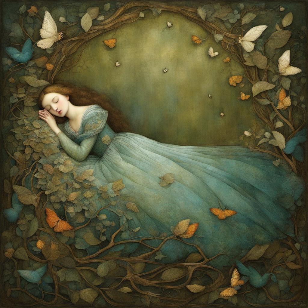 [Oil painting style, impasto, masterpiece] sleeping beauty by Luis Gabriel Pacheco, Lisi Martin and Catrin Welz-Stein, meticulous, intricate, entangled, intricately detailed