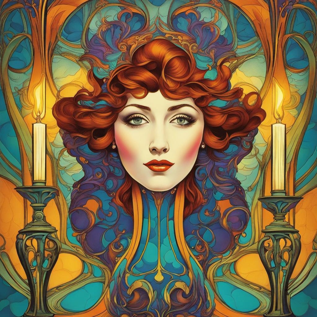 [vibrant liquid plasma] Crazy Candelabras, Art Nouveau, 1890 retro woman's face