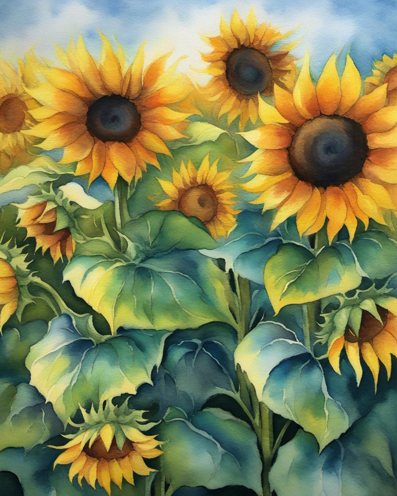 [Watercolor painting style, masterpiece] sunflowers holographic smooth velvet soft crayon pastel peaceful