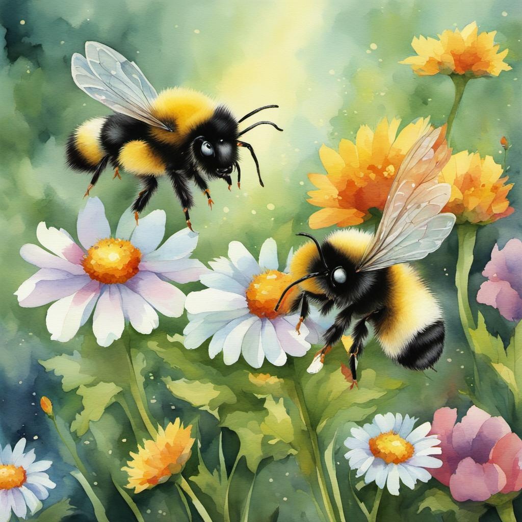 [Watercolor painting style, masterpiece] Bumblebees, Butterflies, little garden fairies