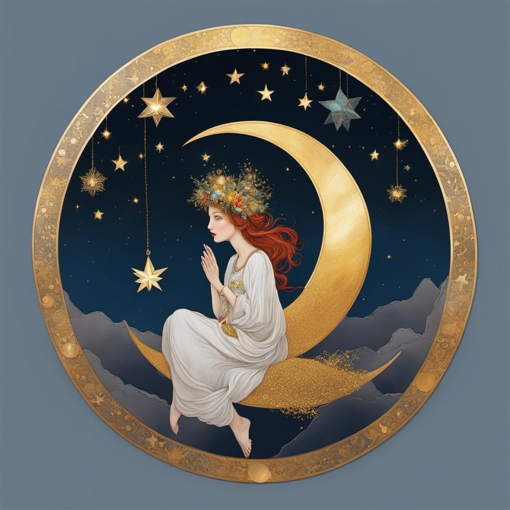 [vibrant liquid plasma] woman sitting on the moon, holding a Christmas Star, with a golden halo around her head. The piece is inspired by various artists including Mucha, Catrin Welz-Stein, Lois van Baarle, Bouguereau