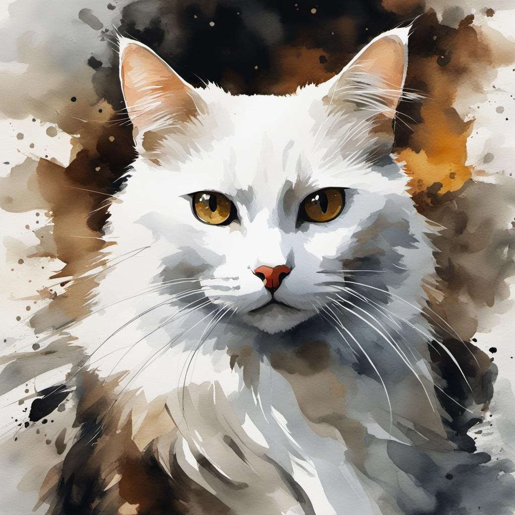 [Watercolor painting style, masterpiece] white, cat with brown and black patches