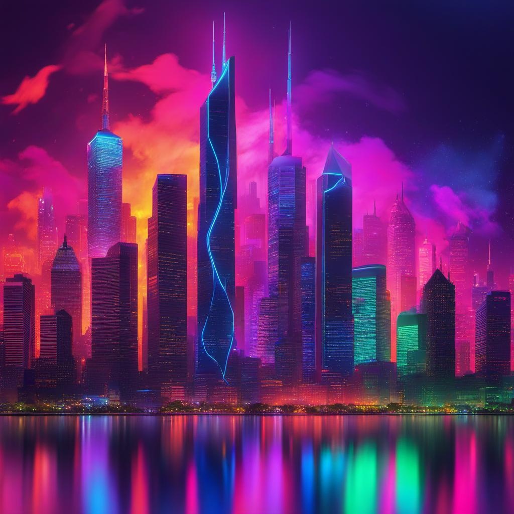 [vibrant liquid plasma] a city skyline in neon colors