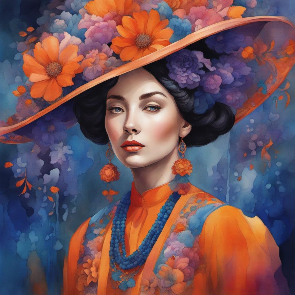 [Watercolor painting style, masterpiece] Create a surreal digital artwork showcasing a Caucasian woman with a serene expression. Her facial features are highlighted by the dynamic, swirling patterns of blue, orange, and purple hues. She is wearing an elaborate bright orange hat that is adorned with blue and orange flowers. Her attire is equally complex, comprising floral patterns in blue, orange, and pink distinctively spread over her attire. Set against a dark background, the vivid colors of her face and clothing contrast and pop out. The overall composition merges elements of nature with abstract features, resulting in a visually arresting and imaginative scene.