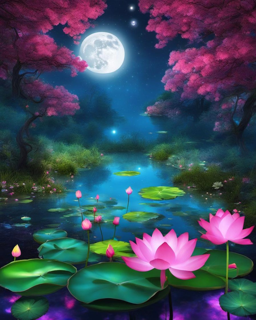 [vibrant liquid plasma] Whimsical Fairy Wonderland, with trees and a pond with lotus flowers. Full moon in the night sky.