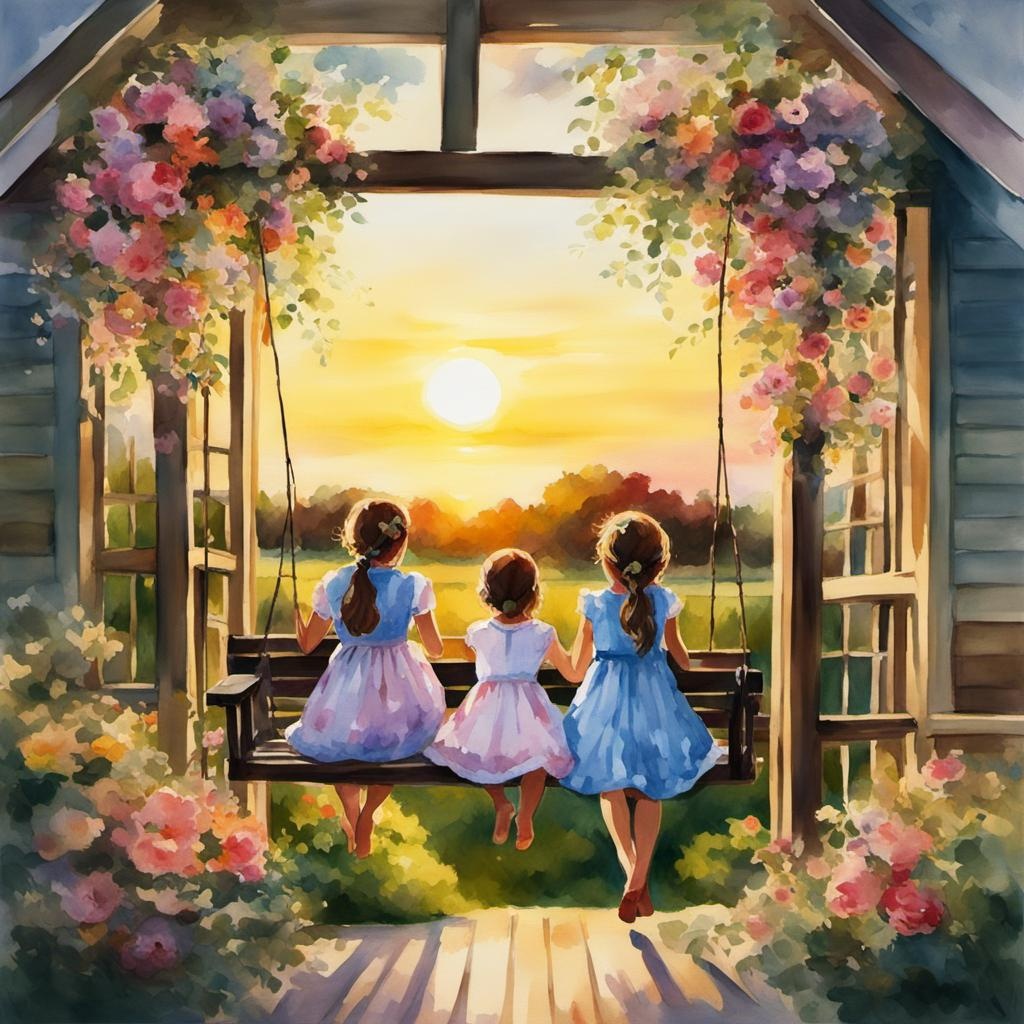 [Watercolor painting style, masterpiece] Two teenage sisters sitting on a porch swing with a trellis of beautiful flowers around them, looking out at the setting sun