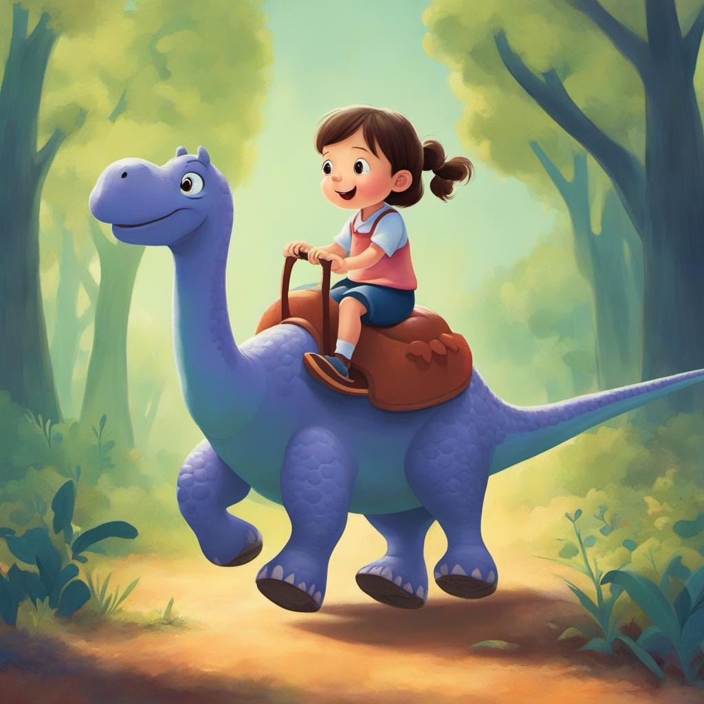 [Pixar style, Disney] whimsical illustration of a 5-year old girl riding on a brontosaurus, in the style of moyoco anno