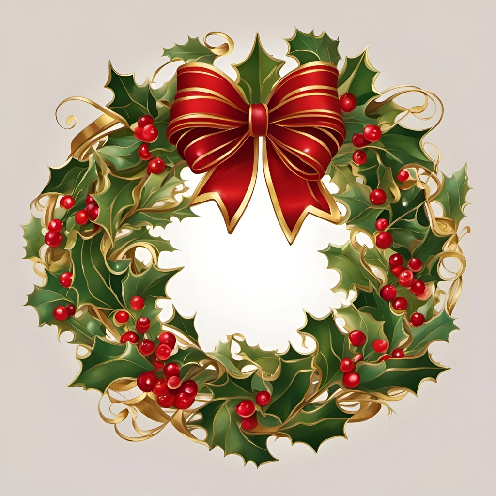 [Watercolor painting style, masterpiece] Christmas wreath, holly, red berries, red bow with golden stripes, white background,; [Style of vintage illustration] Christmas wreath, holly, red berries, red bow with golden stripes, white background,; [Painting, Art Nouveau] Christmas wreath, holly, red berries, red bow with golden stripes, white background,