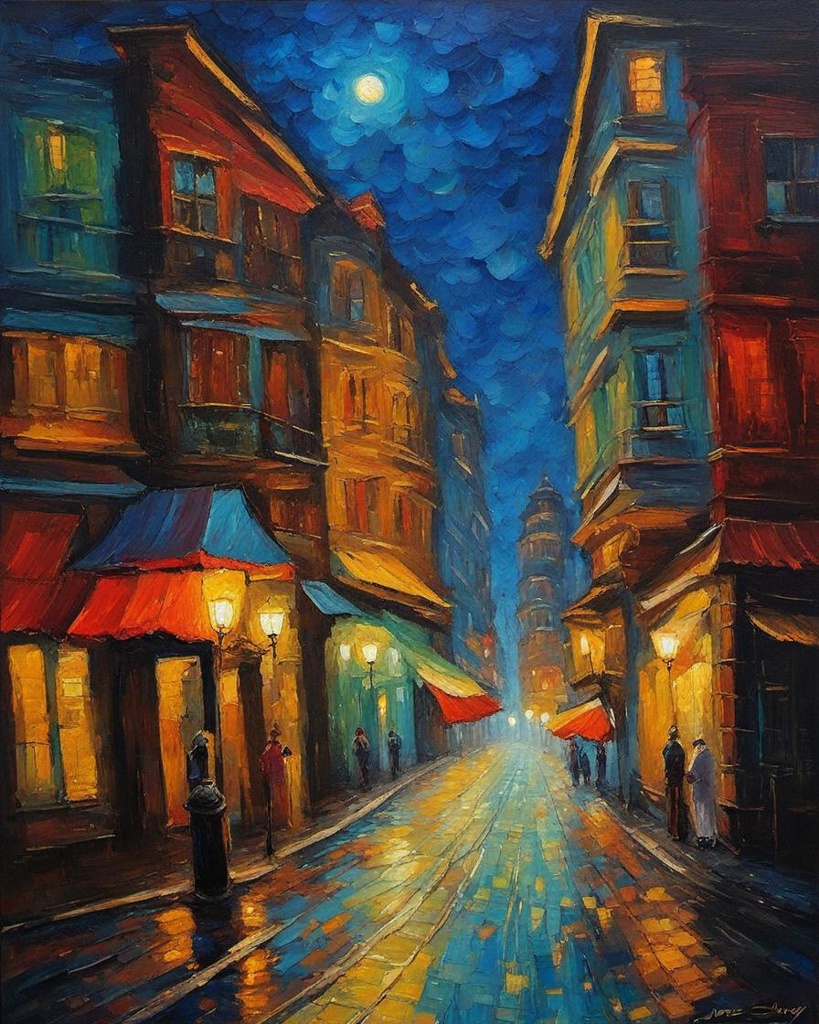 [Oil painting style, impasto, masterpiece] City street at night oil acrylic ink vivid colors oil painting by James Gurney neo-impressionism expressionist style oil painting, smooth post-impressionist impasto acrylic painting, thick layers of colorful textured paint