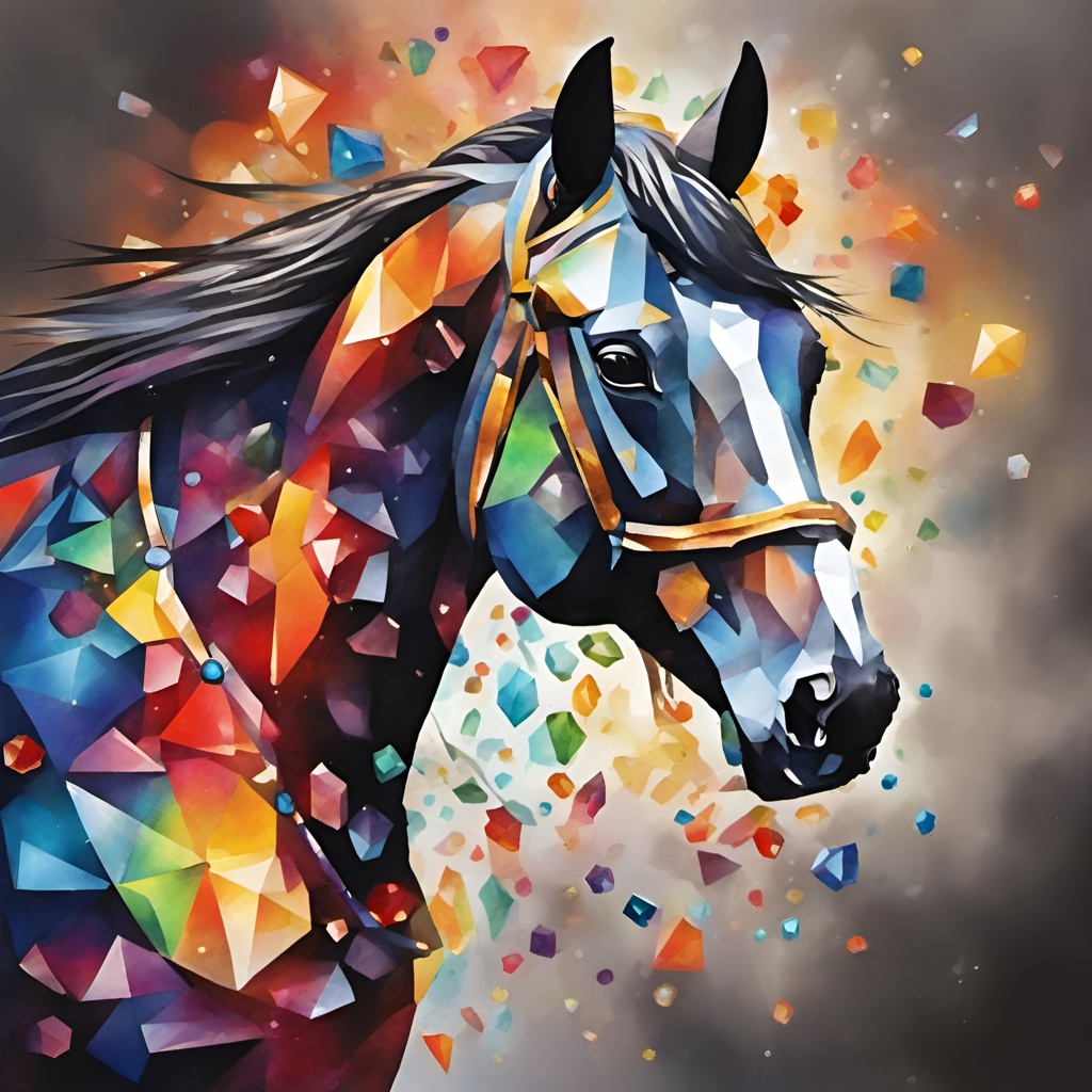 [Watercolor painting style, masterpiece] Horse made of colorful faceted jewels, bright colors, thin black outlines, graffiti art, splash art, street art, spray paint