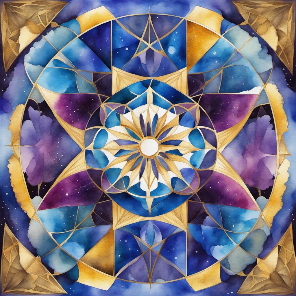 [Watercolor painting style, masterpiece] Generate all possible combinations for placing 8 triangles inside each of the 4 circles, all to be arranged symmetrically, 
Kōwhaiwhai designs in shades of blue, white, purple, The Big Bang in early universe with detailed symmetrical beautiful butterfly, gold plated