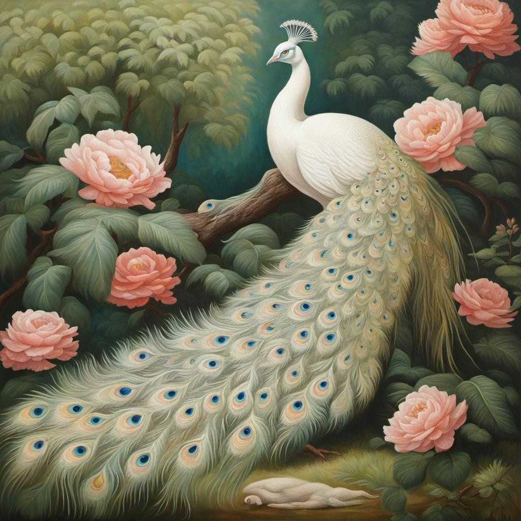 [Style of vintage illustration] albino peacock full body in the yard oil acrylic