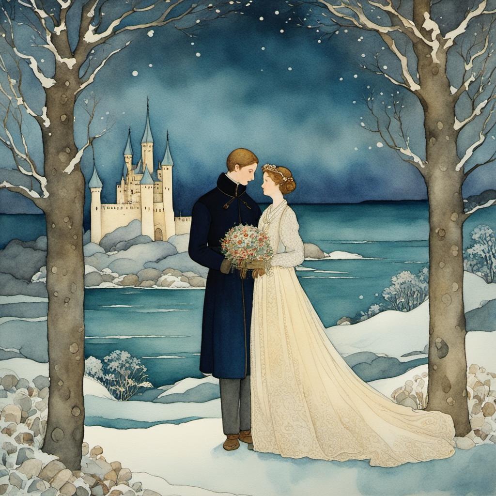 [Watercolor painting style, masterpiece] a winter wedding scene, young prince and princess getting married in front of the castle, next to the sea, large edmund dulac