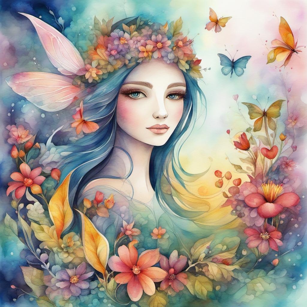 [Watercolor painting style, masterpiece] Beautiful colorful fairy with flowers, Valentine scene background, Carla Gannis style abstract vector fractal, Zentangle, 3d shading