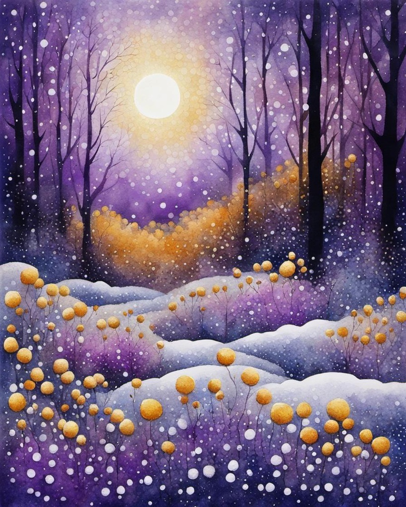 [Watercolor painting style, masterpiece] winter flowers in the snowy woods, blister textured, concrete, pointillist stippling, dot pointillism, patterns, serene, rounded, stencil - like imagery, magical, abstract, surreal,  gold, violet palette, moonlight