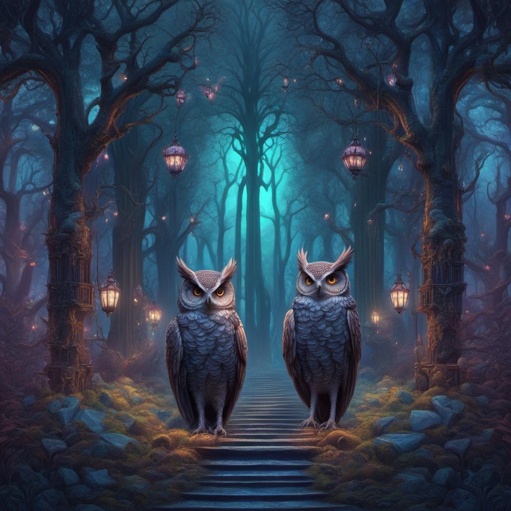 [Painting, Art Nouveau] photorealistic gothic forest many owls soft pastel oil backlight detailed matte painting, deep color, fantastical, intricate detail, splash screen, complementary colors, fantasy concept art, 8k resolution trending on Artstation Unreal Engine 5 steampunk engine abstract vector fractal, wave function, Zentangle, 3d shading