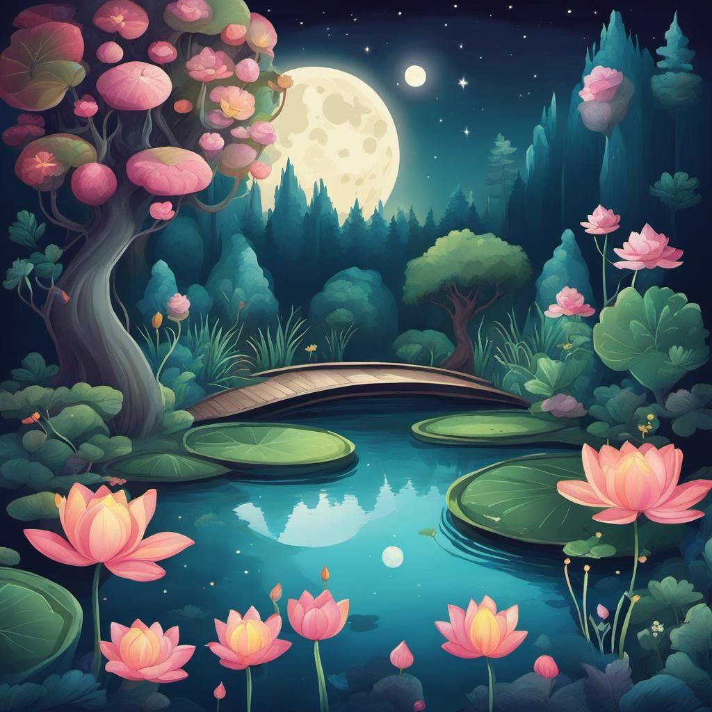 [Style of cute cartoon drawing] Whimsical Fairy Wonderland with trees, a pond with lotus flowers and a full moon in the night sky