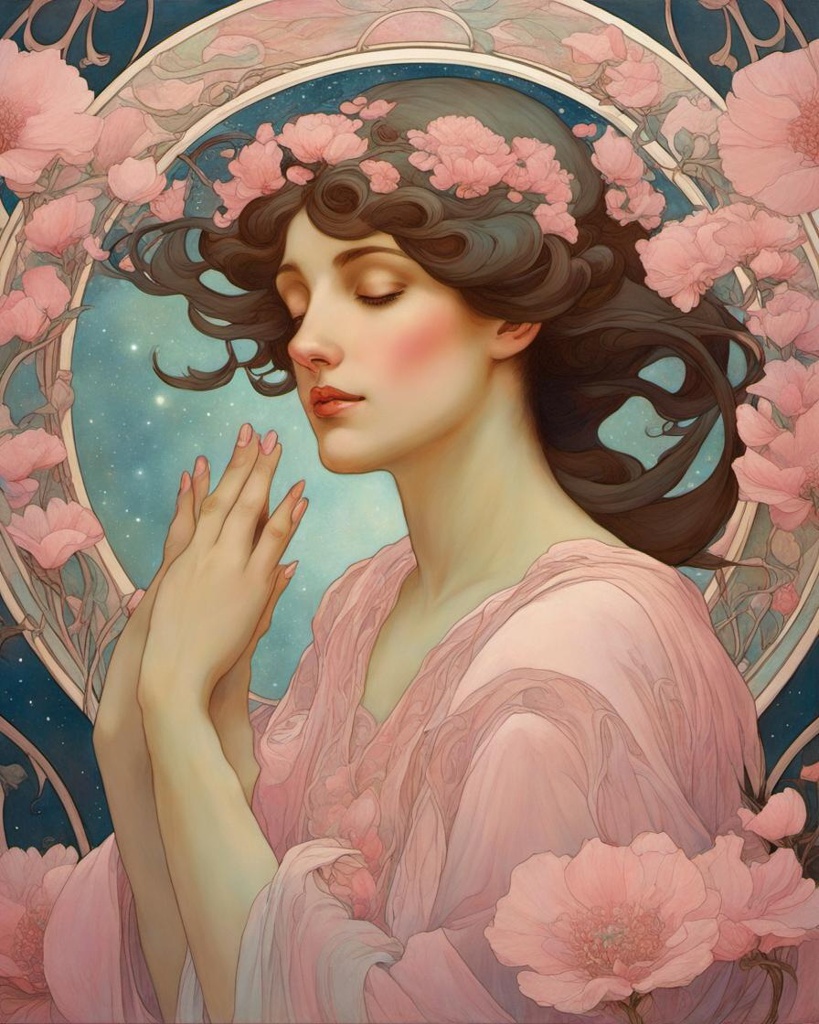 [Painting, Art Nouveau] The universe as a beautiful woman, hands hidden by pink pastel flowers, art nouveau, style of Alphonse Mucha, Echo Chernik,