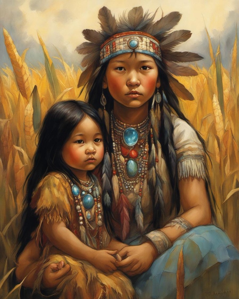 [Oil painting style, impasto, masterpiece] By Jean Baptiste Monge and Mark Brooks and Hirohiko Araki, close-up of one beautiful intricate woman like Pocahontas and one beautiful BABY adorable little toddler girl like Pocahontas, Native American, both wearing colorful traditional bejeweled Native American Apache clothes, huge feathers and jewels on their heads, sitting in a corn field by a lake under nebulae and golden stars in the sky