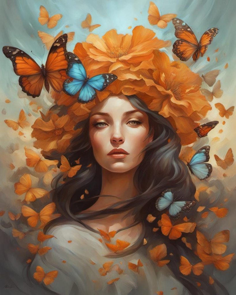 [Painting, Art Nouveau] unique woman made of butterflies and flower, petals, scorched beauty portrait, artgerm, Peter Mohrbacher