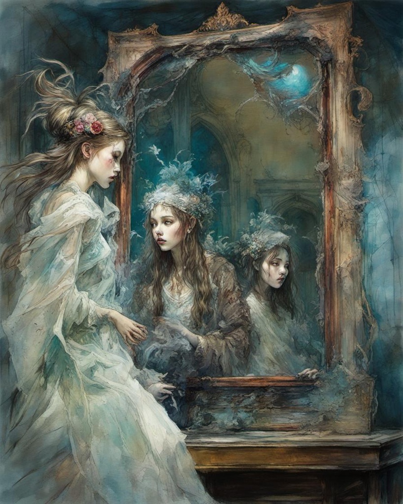 [Painting, Art Nouveau] Haunted mirror, ghost, horror deep color hyperdetailed intricate photoillustration volumetric lighting DreamWorks morbid Carne Griffiths and Gil Elvgren gothic art photorealistic Carne griffiths, Krenz Cushart and Akihiko Yoshida