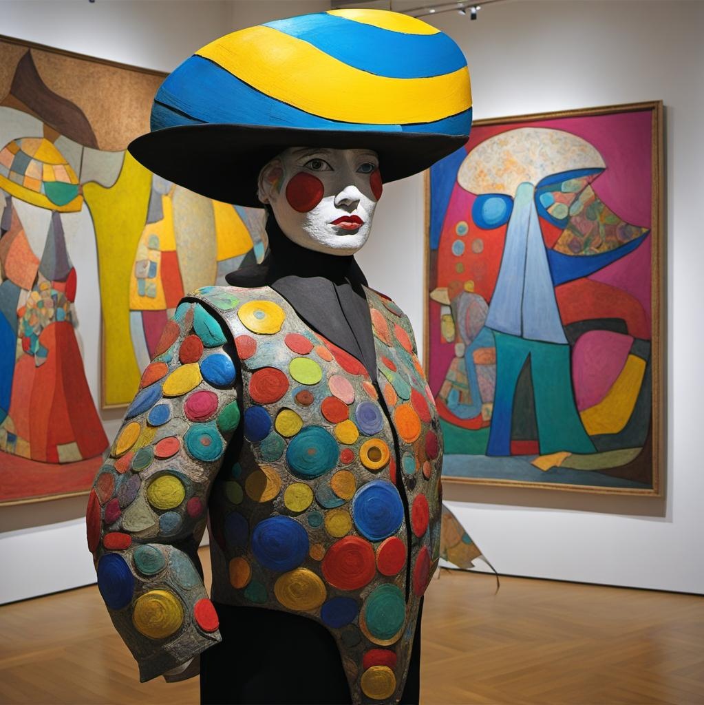 [Pixar style, Disney] full body paper-mache sculpture with a peculiar, oversized hat, Niki de Saint Phalle, vibrant and playful lighting, whimsical, exuberant, life-size scale, contemporary, sculptural and extravagant forms, pop art, paper-mache and tactile textures, joyful eccentricity; [Style of vector art, clip graphics] full body paper-mache sculpture with a peculiar, oversized hat, Niki de Saint Phalle, vibrant and playful lighting, whimsical, exuberant, life-size scale, contemporary, sculptural and extravagant forms, pop art, paper-mache and tactile textures, joyful eccentricity; [Style of caricature illustration] full body paper-mache sculpture with a peculiar, oversized hat, Niki de Saint Phalle, vibrant and playful lighting, whimsical, exuberant, life-size scale, contemporary, sculptural and extravagant forms, pop art, paper-mache and tactile textures, joyful eccentricity; [vibrant liquid plasma] full body paper-mache sculpture with a peculiar, oversized hat, Niki de Saint Phalle, vibrant and playful lighting, whimsical, exuberant, life-size scale, contemporary, sculptural and extravagant forms, pop art, paper-mache and tactile textures, joyful eccentricity; [Painting, by Picasso] full body paper-mache sculpture with a peculiar, oversized hat, Niki de Saint Phalle, vibrant and playful lighting, whimsical, exuberant, life-size scale, contemporary, sculptural and extravagant forms, pop art, paper-mache and tactile textures, joyful eccentricity