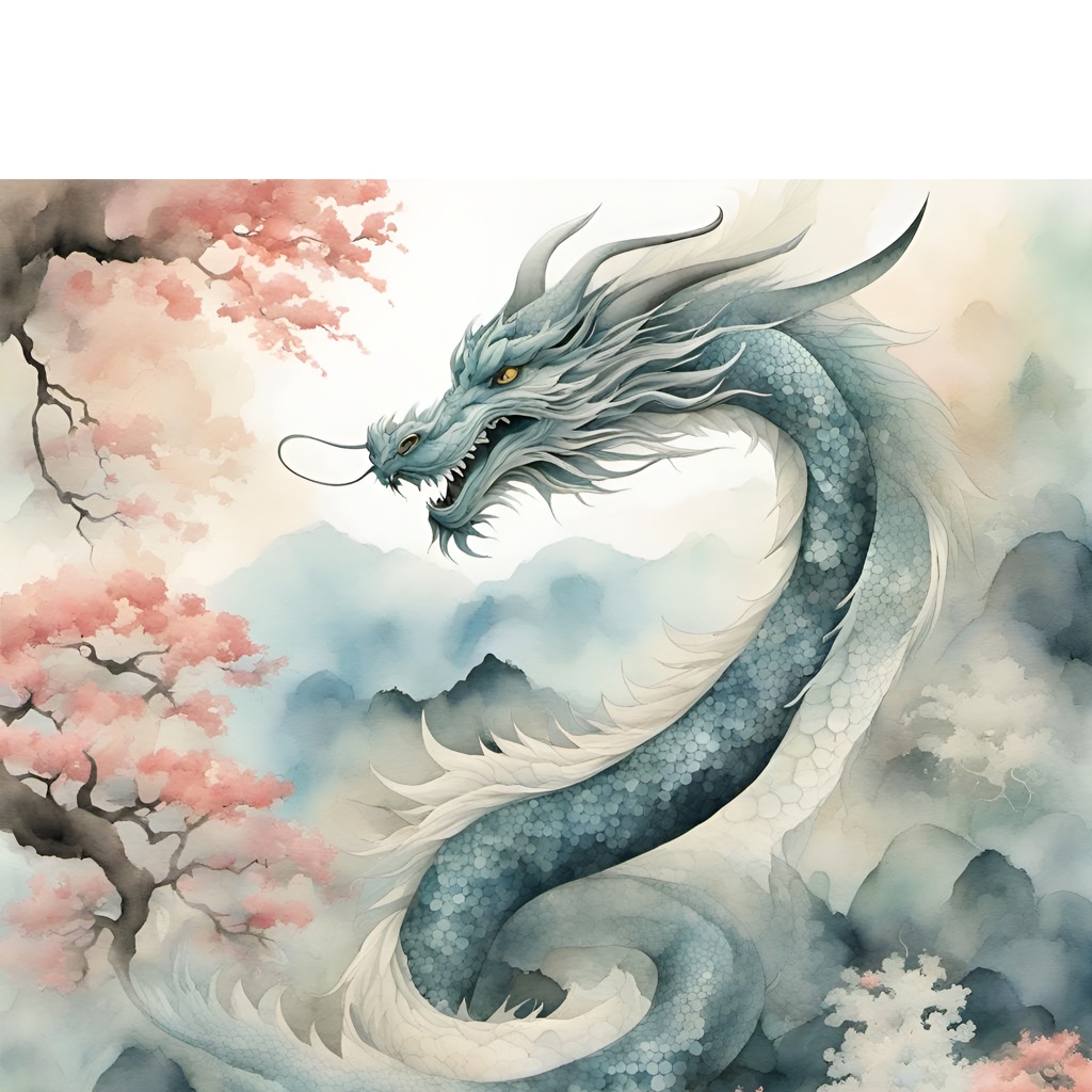 [Watercolor painting style, masterpiece] Muted pastels, a graceful, twirling dragon in traditional Japanese ink wash painting style, inspired by ancient scrolls, tranquil, Zen garden backdrop abstract vector fractal, Zentangle, 3d shading; [Watercolor painting style, masterpiece] Muted pastels, a graceful, twirling dragon in traditional Japanese ink wash painting style, inspired by ancient scrolls, tranquil, Zen garden backdrop abstract vector fractal, Zentangle, 3d shading