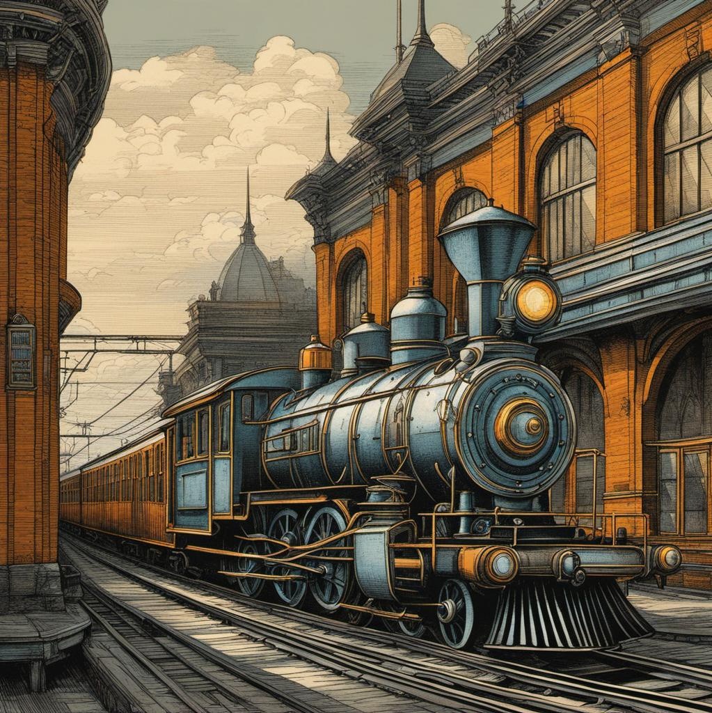 [Style of vintage illustration] Victorian-era etching of a steampunk train station with trains. The color palette features amber and slate gray, capturing the vintage aesthetic. Intricate line work