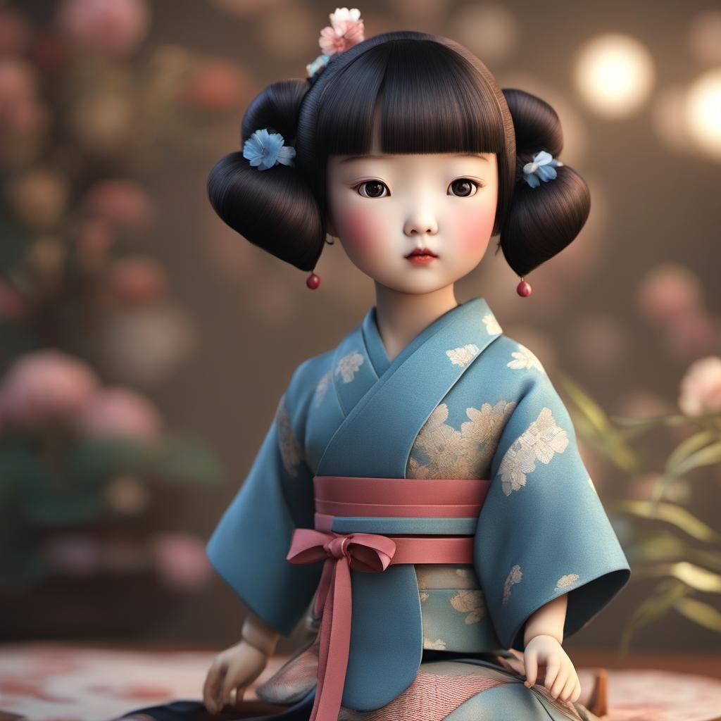 [Style of CG graphics, 3d rendering, blender] 1930s Japanese doll, expressive-eyes, nose-up, hair in a bun, ideal, profile