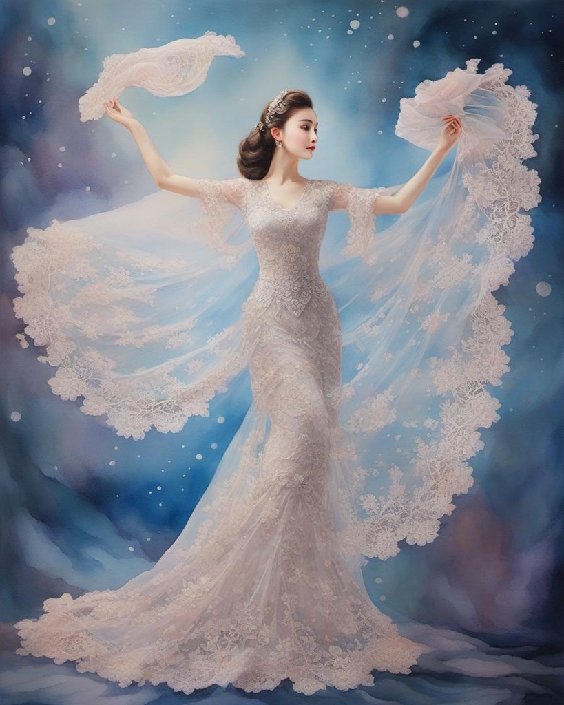 [Watercolor painting style, masterpiece] delicate lace art on silk background, translucent underlit, dancing Lady dressed in a vaporous wrapped large lace mallow semi-transparent dress, misty sparkling cosmic background, lace embroidery art