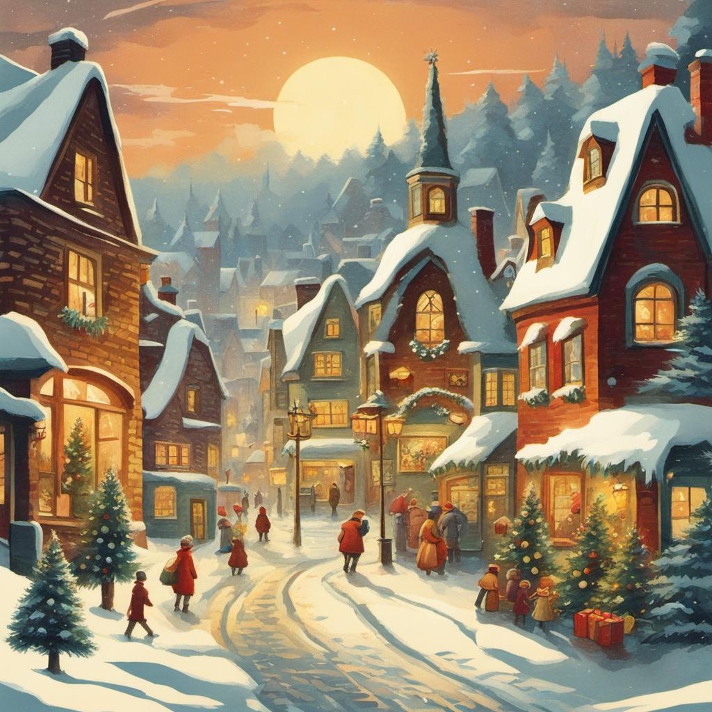 [Style of vintage illustration] Christmas village, vintage design