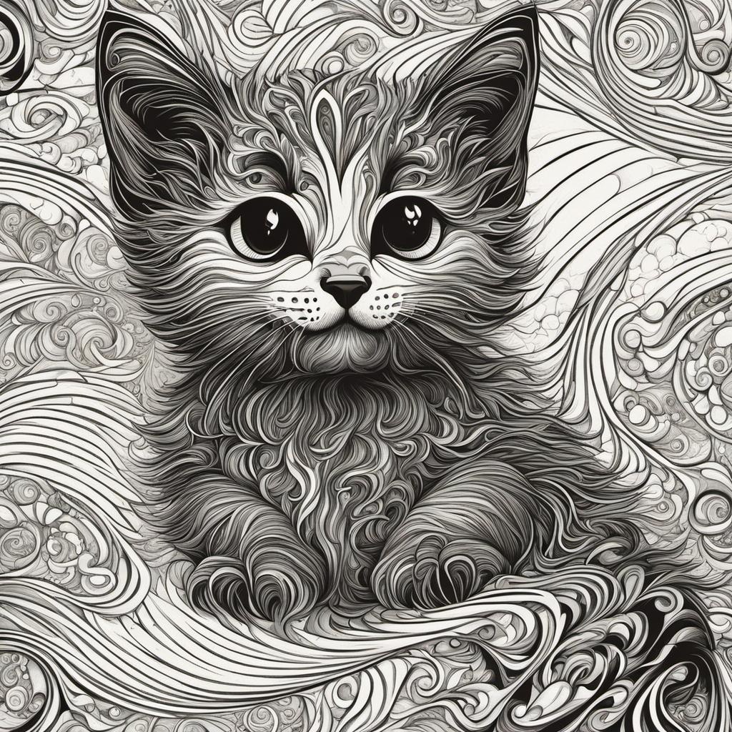 [Style of vintage illustration] little Christmas Kitten, abstract vector fractal, wave function, Zentangle, 3d shading